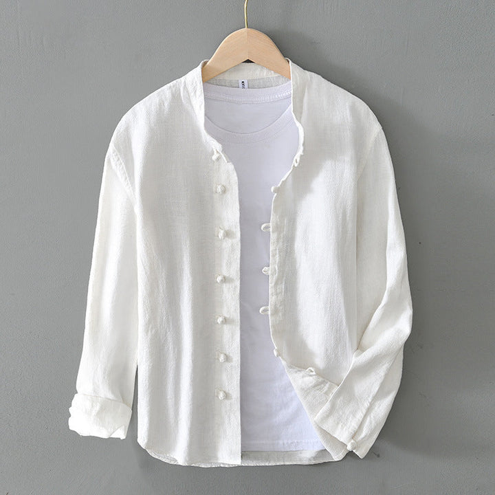 Men's Long Sleeve Shirt with Frog Button Closure and Mandarin Collar