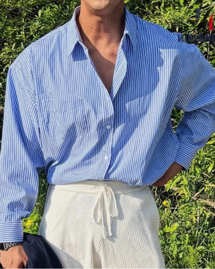 Men's Long Sleeve Striped Shirt with Button Front and Chest Pocket