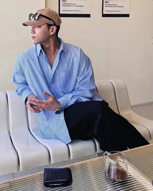 Men's Long Sleeve Striped Shirt with Button Front and Chest Pocket