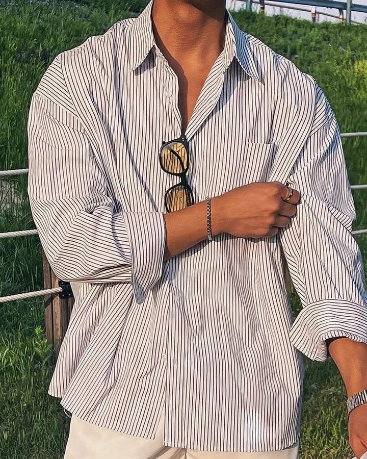 Men's Long Sleeve Striped Shirt with Button Front and Chest Pocket