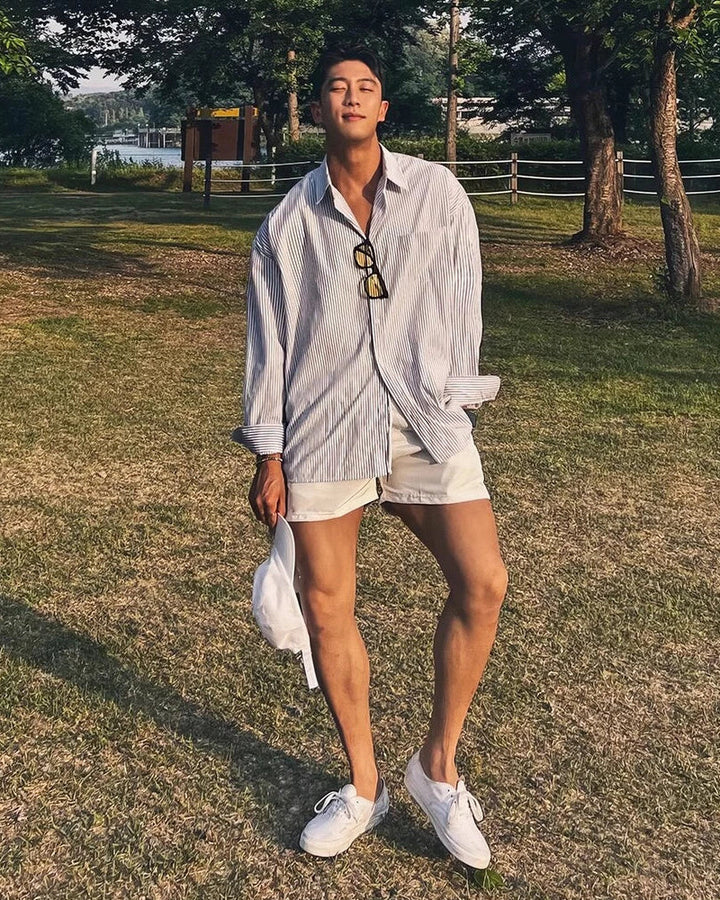Men's Long Sleeve Striped Shirt with Button Front and Chest Pocket