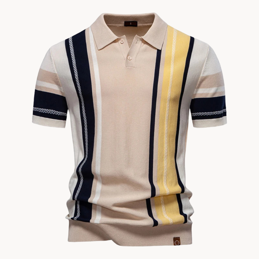 Men's Multi-Colour Stripe Short-Sleeve Polo Shirt with Spread Collar and Ribbed Hem