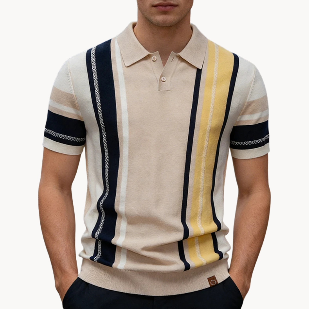Men's Multi-Colour Stripe Short-Sleeve Polo Shirt with Spread Collar and Ribbed Hem