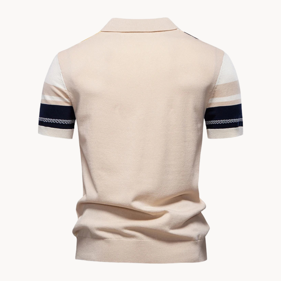 Men's Multi-Colour Stripe Short-Sleeve Polo Shirt with Spread Collar and Ribbed Hem
