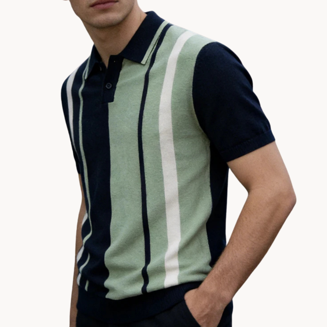 Men's Multi-Colour Stripe Short-Sleeve Polo Shirt with Spread Collar and Ribbed Hem