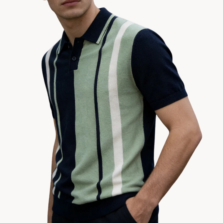Men's Multi-Colour Stripe Short-Sleeve Polo Shirt with Spread Collar and Ribbed Hem