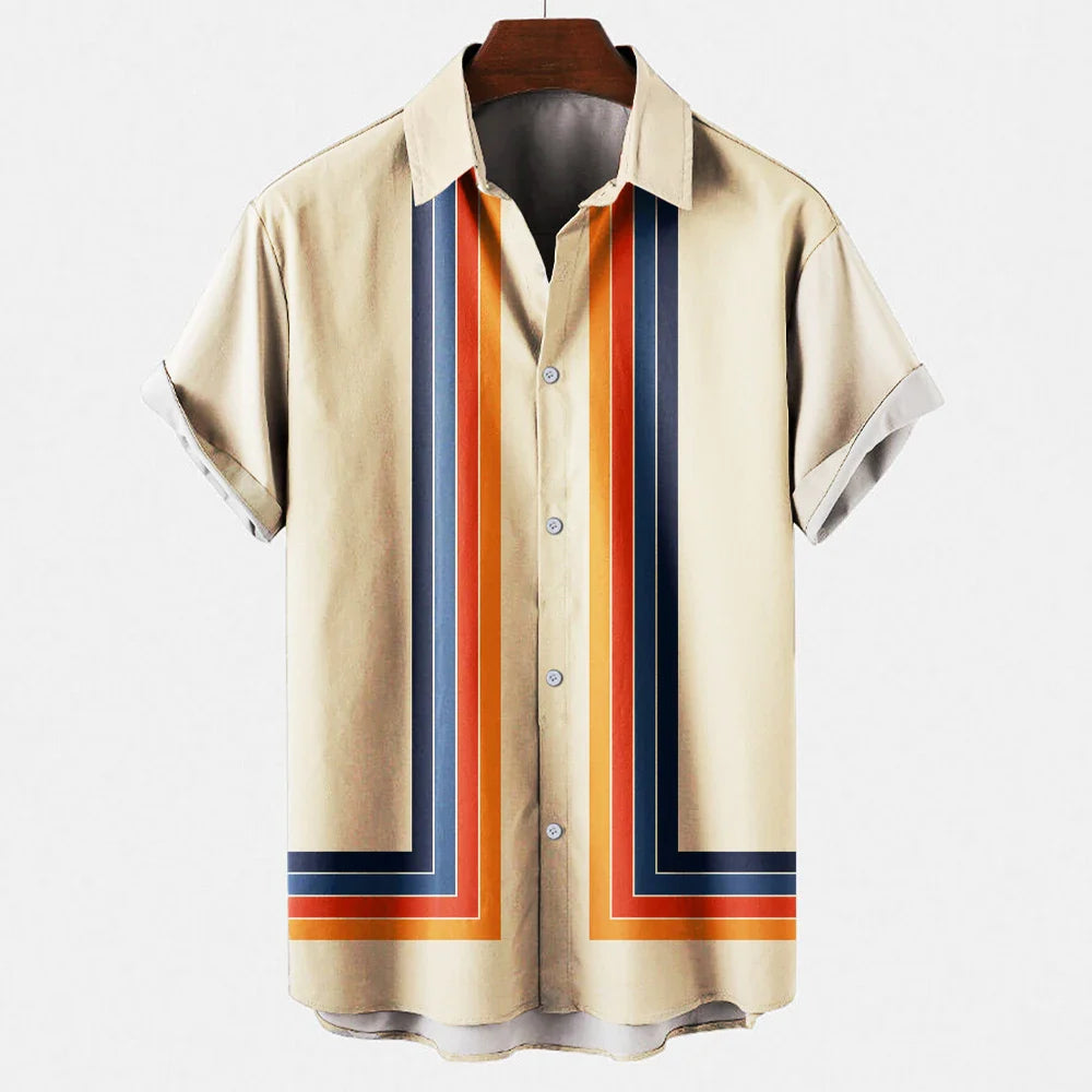 Men's Multicolour Stripe Panel Short Sleeve Shirt with Button-Front Closure and Spread Collar
