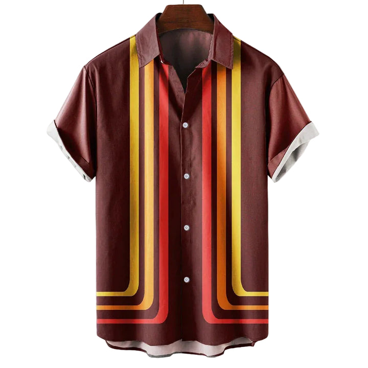 Men's Multicolour Stripe Panel Short Sleeve Shirt with Button-Front Closure and Spread Collar