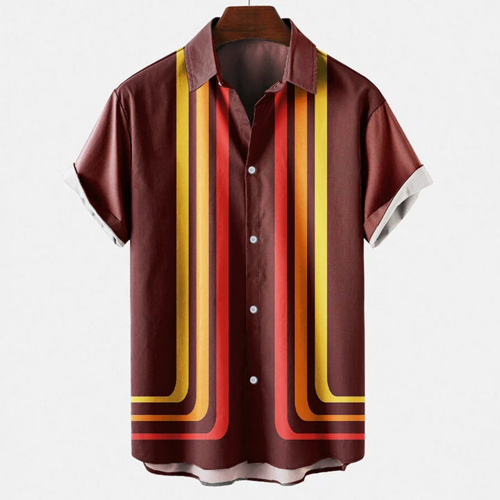 Men's Multicolour Stripe Panel Short Sleeve Shirt with Button-Front Closure and Spread Collar