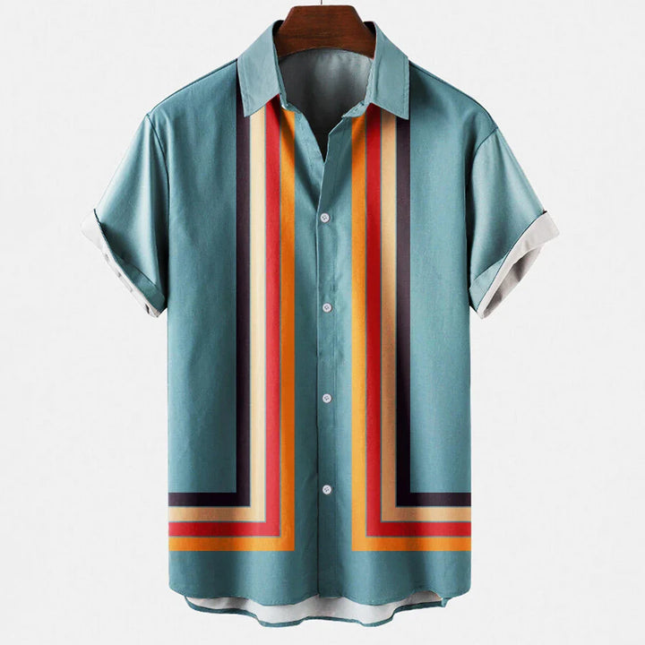 Men's Multicolour Stripe Panel Short Sleeve Shirt with Button-Front Closure and Spread Collar