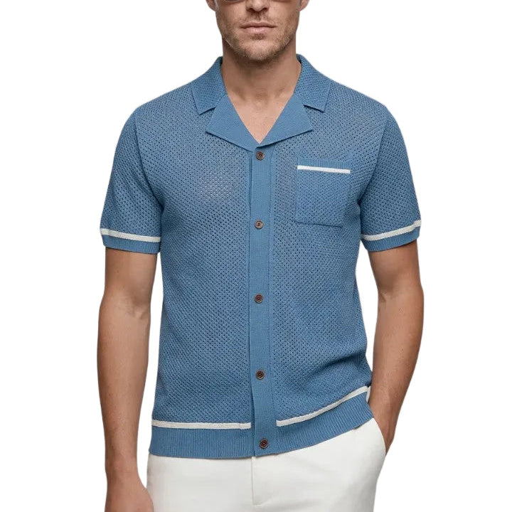 Men's Open Collar Knit Shirt with Button Closure and Chest Pocket