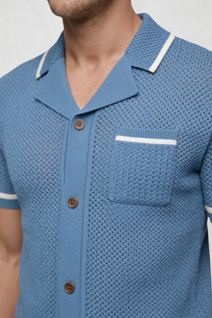 Men's Open Collar Knit Shirt with Button Closure and Chest Pocket