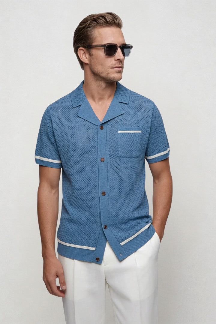Men's Open Collar Knit Shirt with Button Closure and Chest Pocket