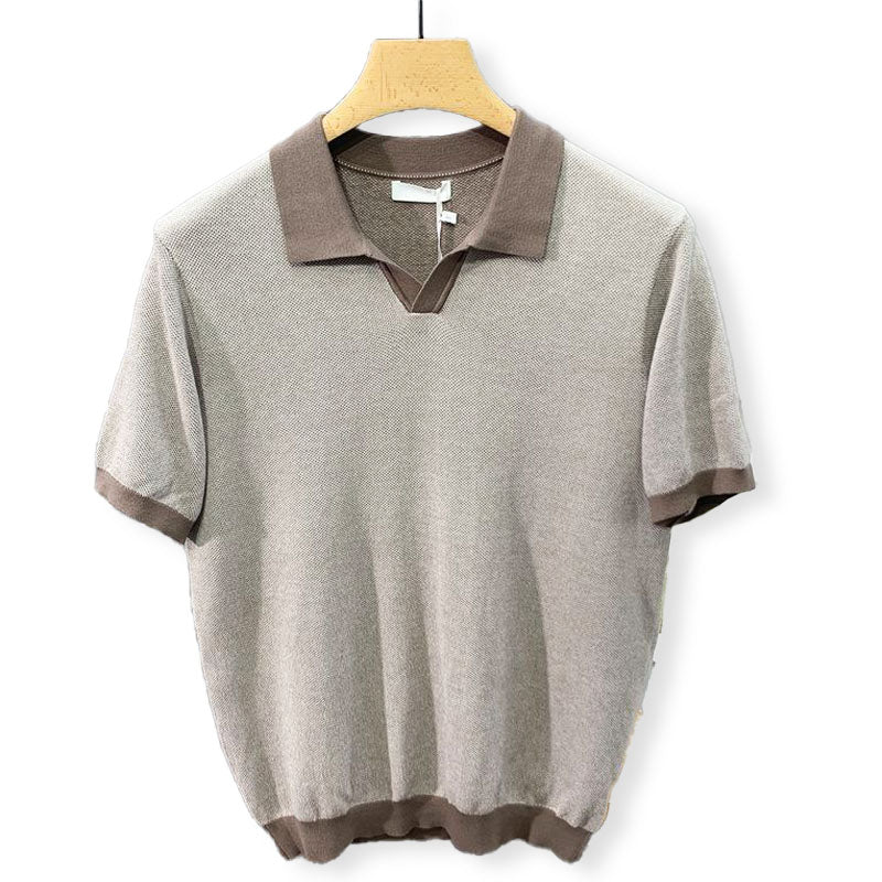 Men's Open Collar Polo Shirt with Ribbed Cuffs and Contrast Trim