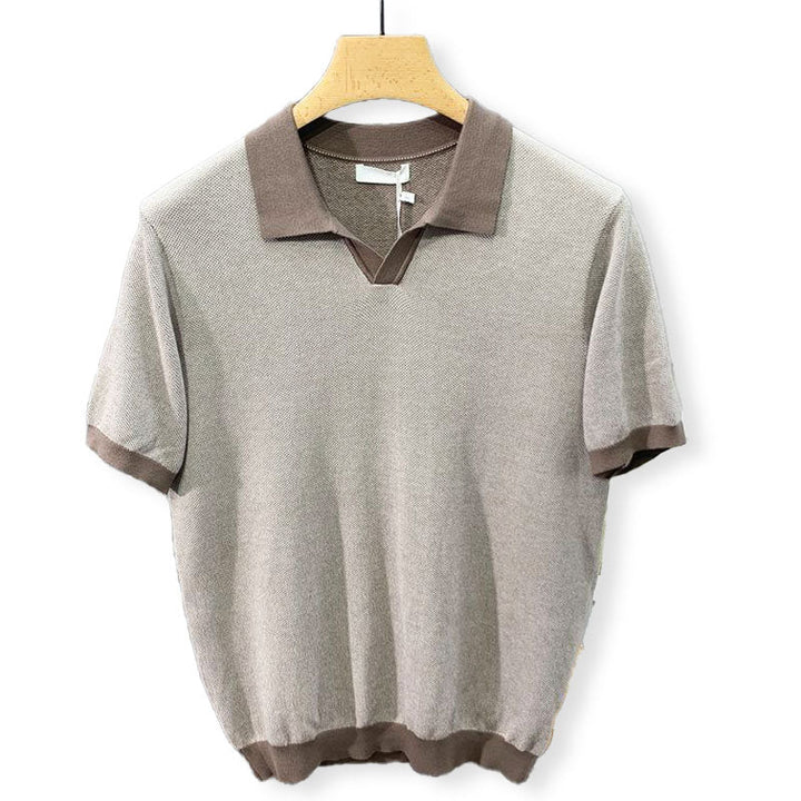 Men's Open Collar Polo Shirt with Ribbed Cuffs and Contrast Trim