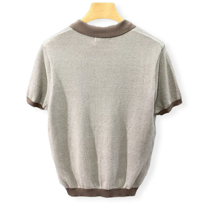 Men's Open Collar Polo Shirt with Ribbed Cuffs and Contrast Trim