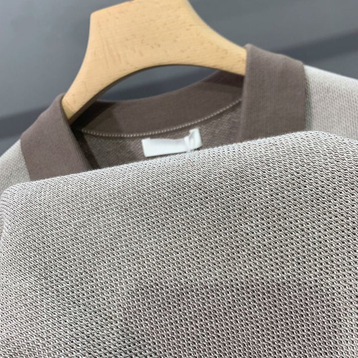Men's Open Collar Polo Shirt with Ribbed Cuffs and Contrast Trim