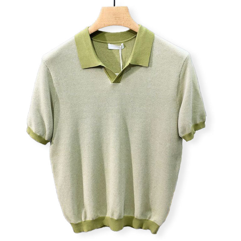 Men's Open Collar Polo Shirt with Ribbed Cuffs and Contrast Trim