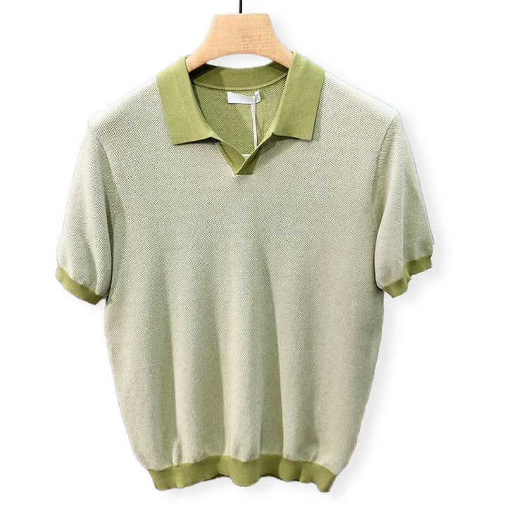 Men's Open Collar Polo Shirt with Ribbed Cuffs and Contrast Trim
