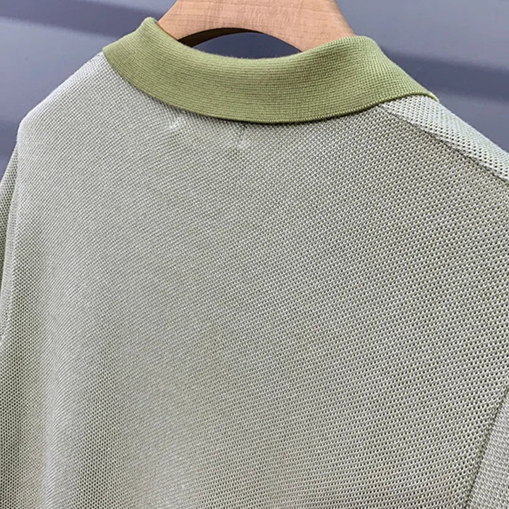 Men's Open Collar Polo Shirt with Ribbed Cuffs and Contrast Trim