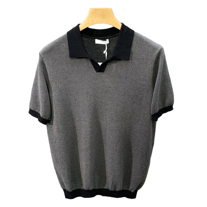 Men's Open Collar Polo Shirt with Ribbed Cuffs and Contrast Trim