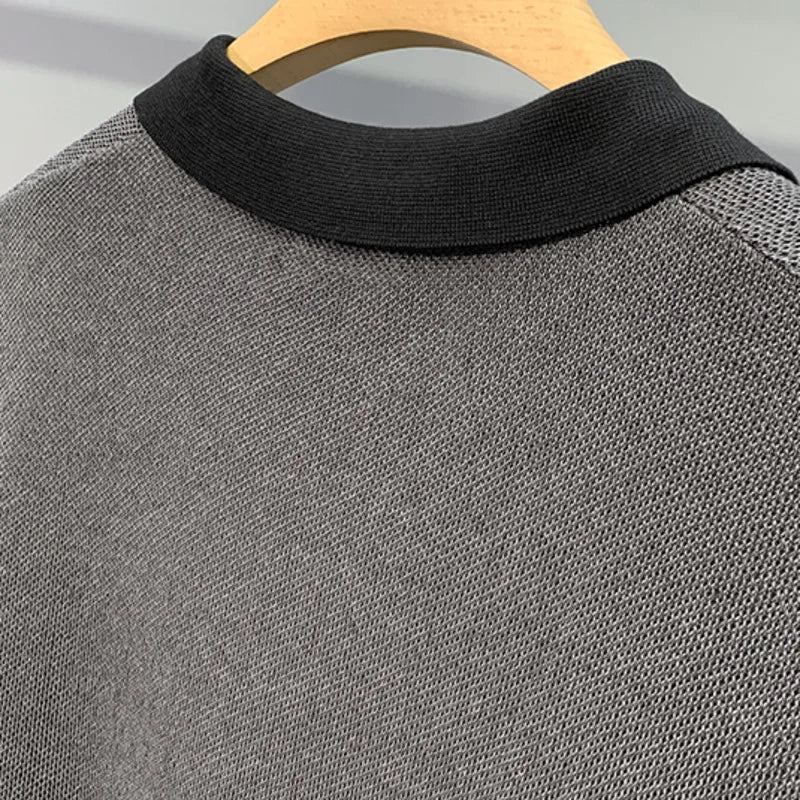 Men's Open Collar Polo Shirt with Ribbed Cuffs and Contrast Trim