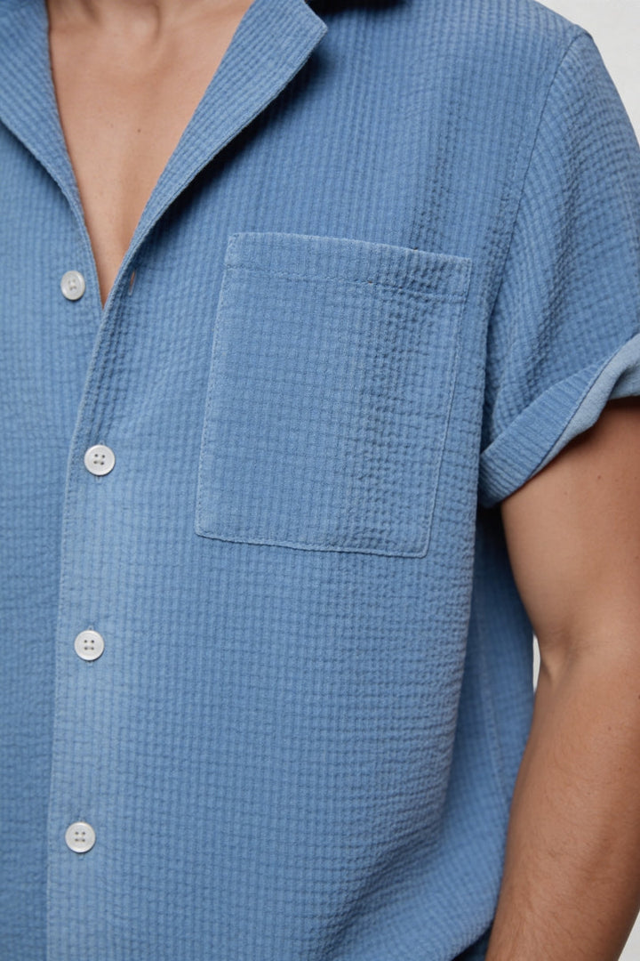 Men's Open Collar Short Sleeve Shirt and Shorts Set with Waffle Surface and Chest Pocket