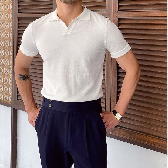 Men's Open V-Neckline Spread Collar Short-Sleeve Polo Shirt