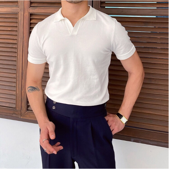 Men's Open V-Neckline Spread Collar Short-Sleeve Polo Shirt