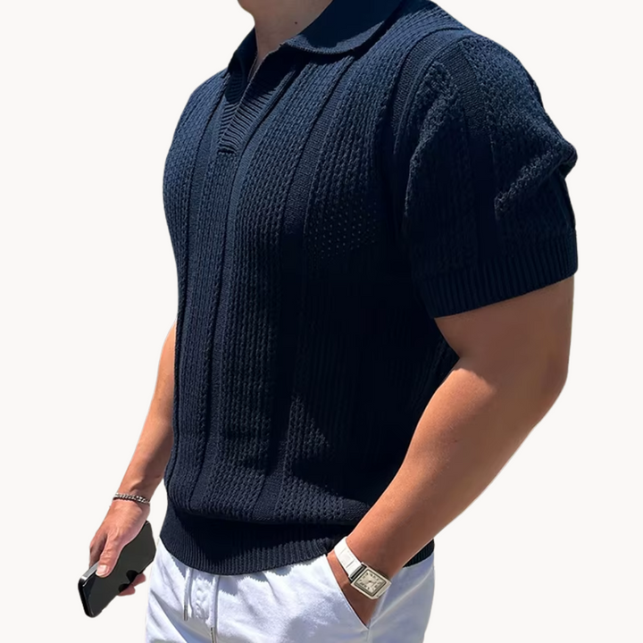 Men's Openwork Knit Polo Shirt with Folded Collar and Open V-Neckline
