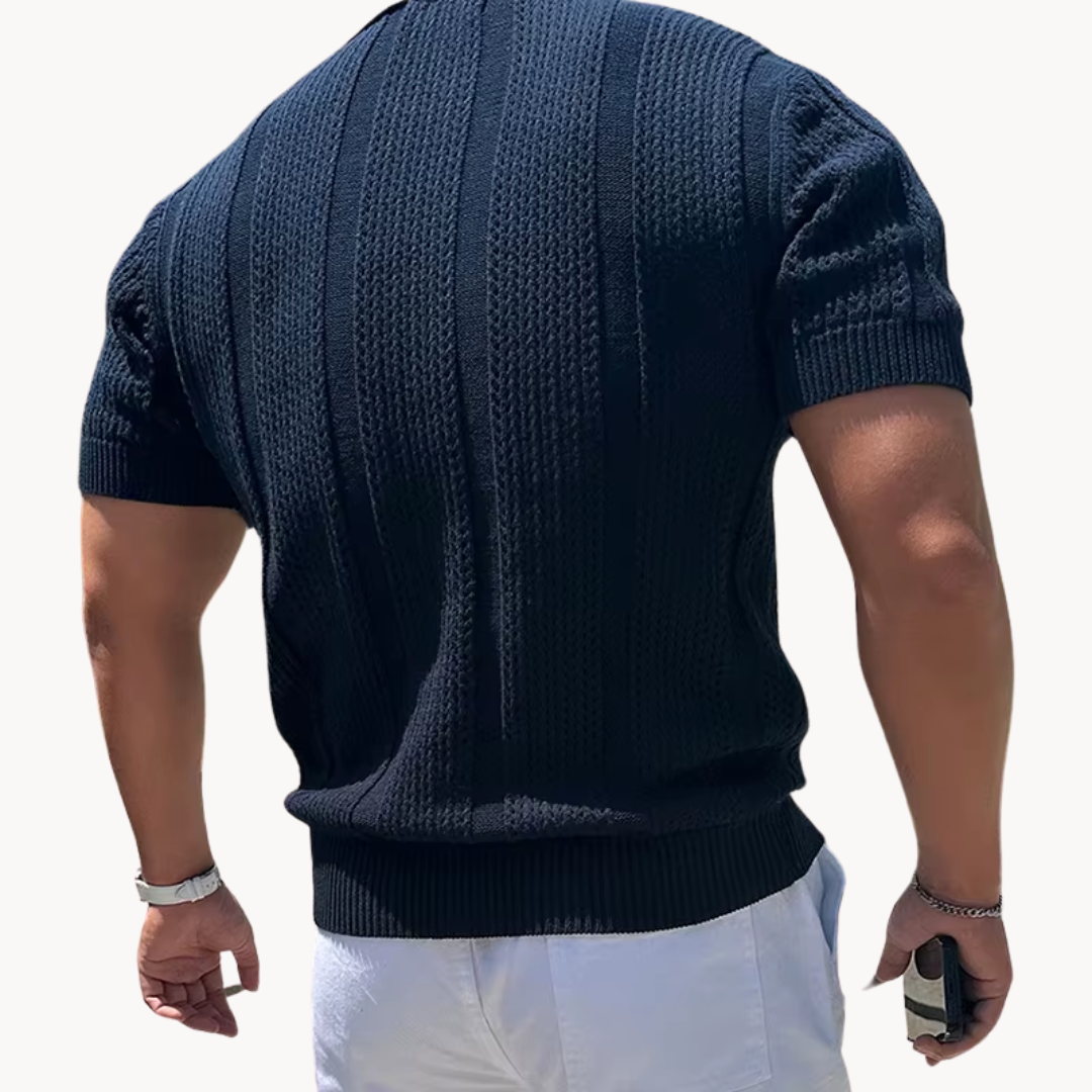 Men's Openwork Knit Polo Shirt with Folded Collar and Open V-Neckline