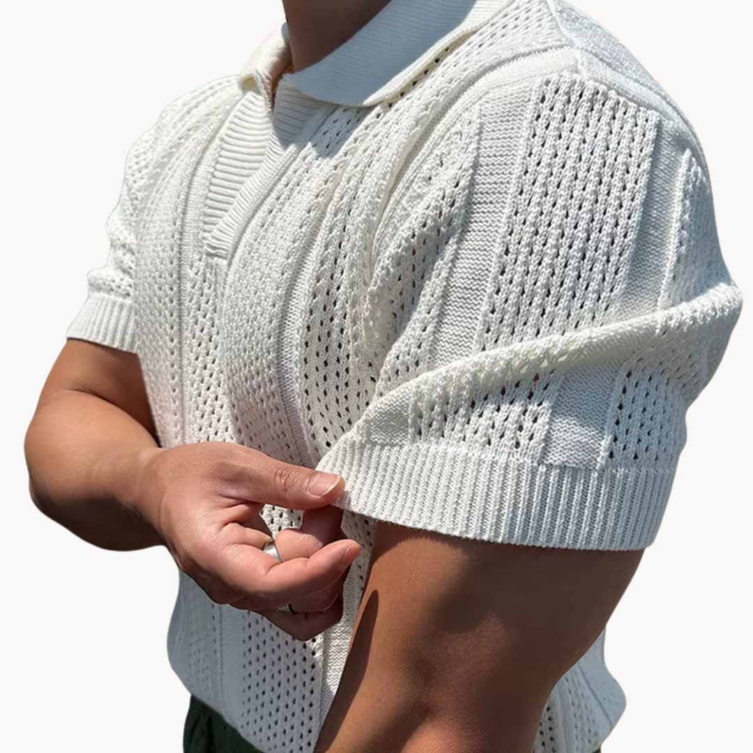 Men's Openwork Knit Polo Shirt with Folded Collar and Open V-Neckline