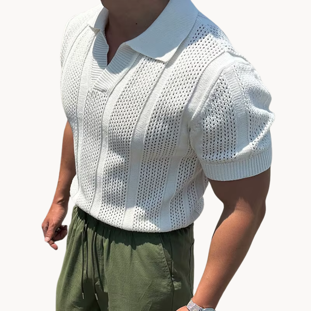 Men's Openwork Knit Polo Shirt with Folded Collar and Open V-Neckline