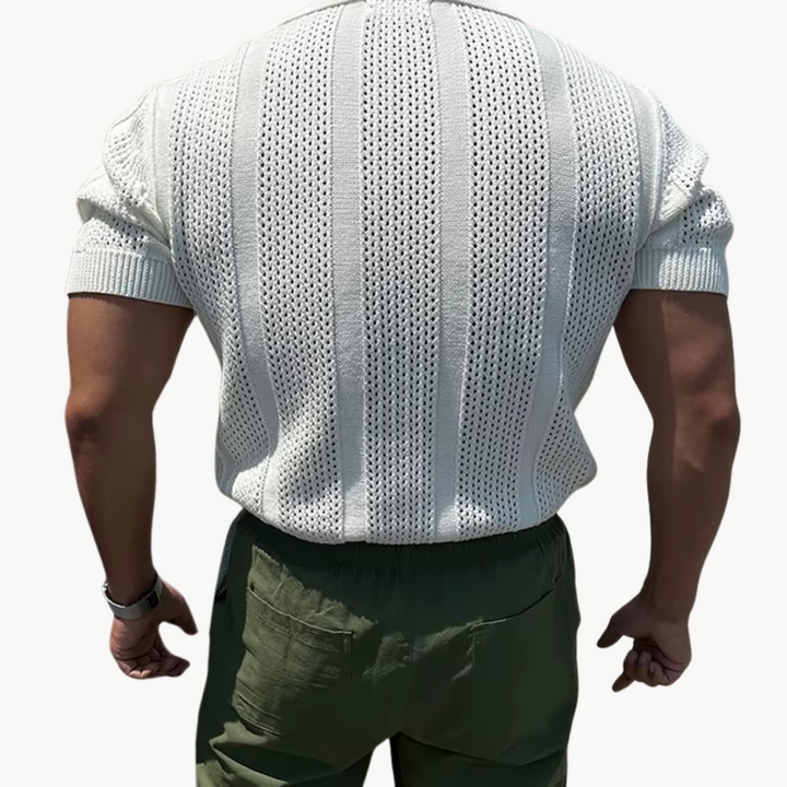 Men's Openwork Knit Polo Shirt with Folded Collar and Open V-Neckline