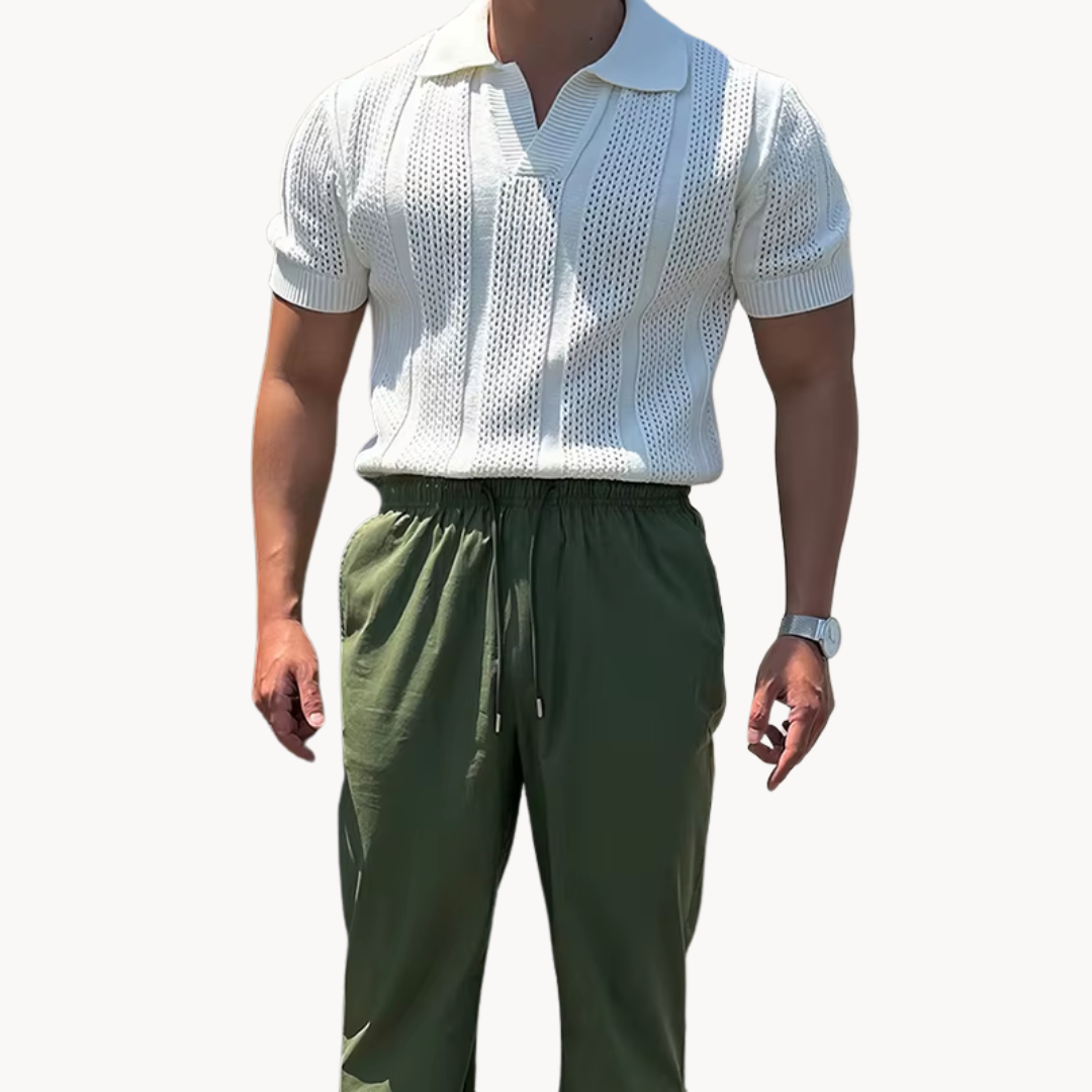 Men's Openwork Knit Polo Shirt with Folded Collar and Open V-Neckline