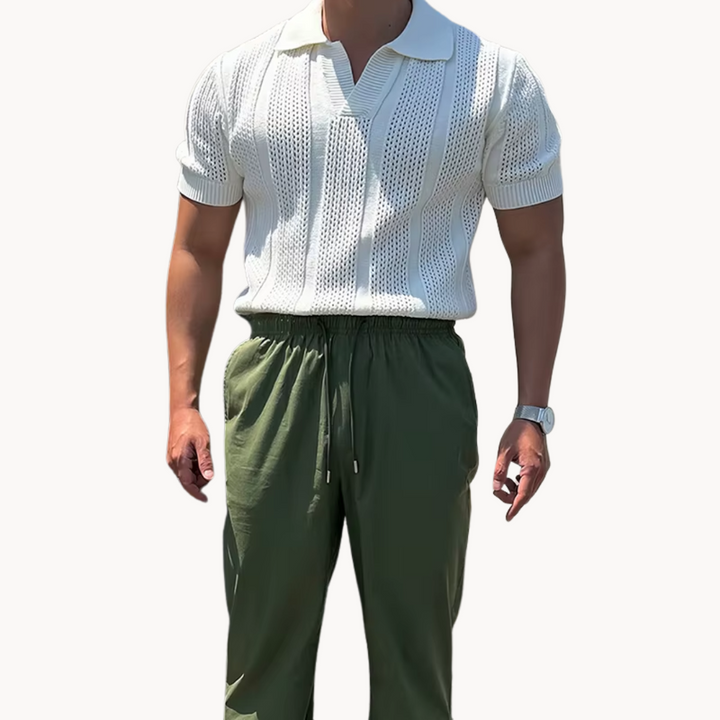 Men's Openwork Knit Polo Shirt with Folded Collar and Open V-Neckline