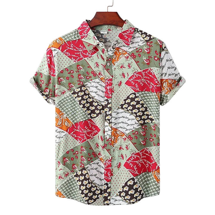Men's Patchwork Floral Print Short Sleeve Shirt with Button-Front Closure and Spread Collar
