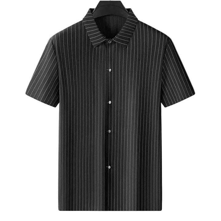 Men's Pinstriped Short-Sleeve Shirt with Folded Collar and Full Button-Front Closure