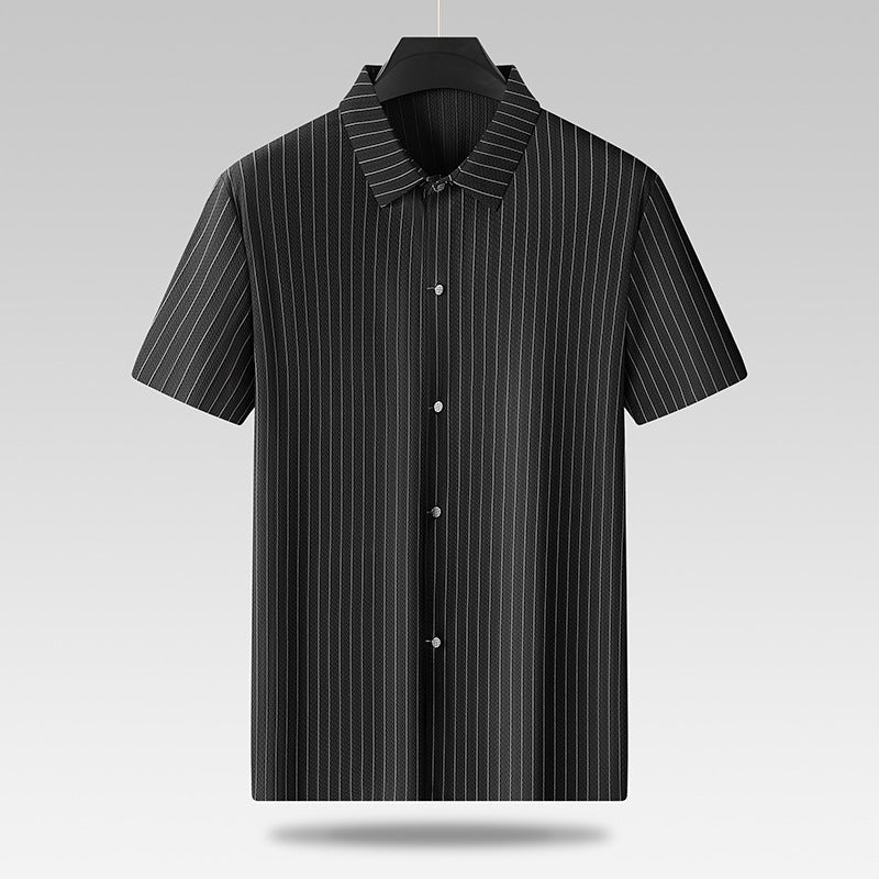 Men's Pinstriped Short-Sleeve Shirt with Folded Collar and Full Button-Front Closure