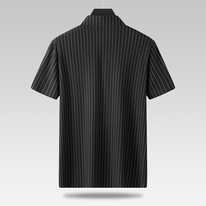 Men's Pinstriped Short-Sleeve Shirt with Folded Collar and Full Button-Front Closure