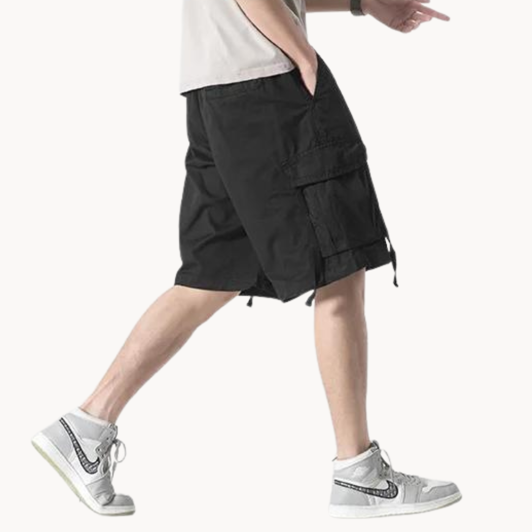 Dynamic Cargo Men's Plain Cargo Shorts with Flap Side Pockets Elastic Waistband and Woven Strap Detail