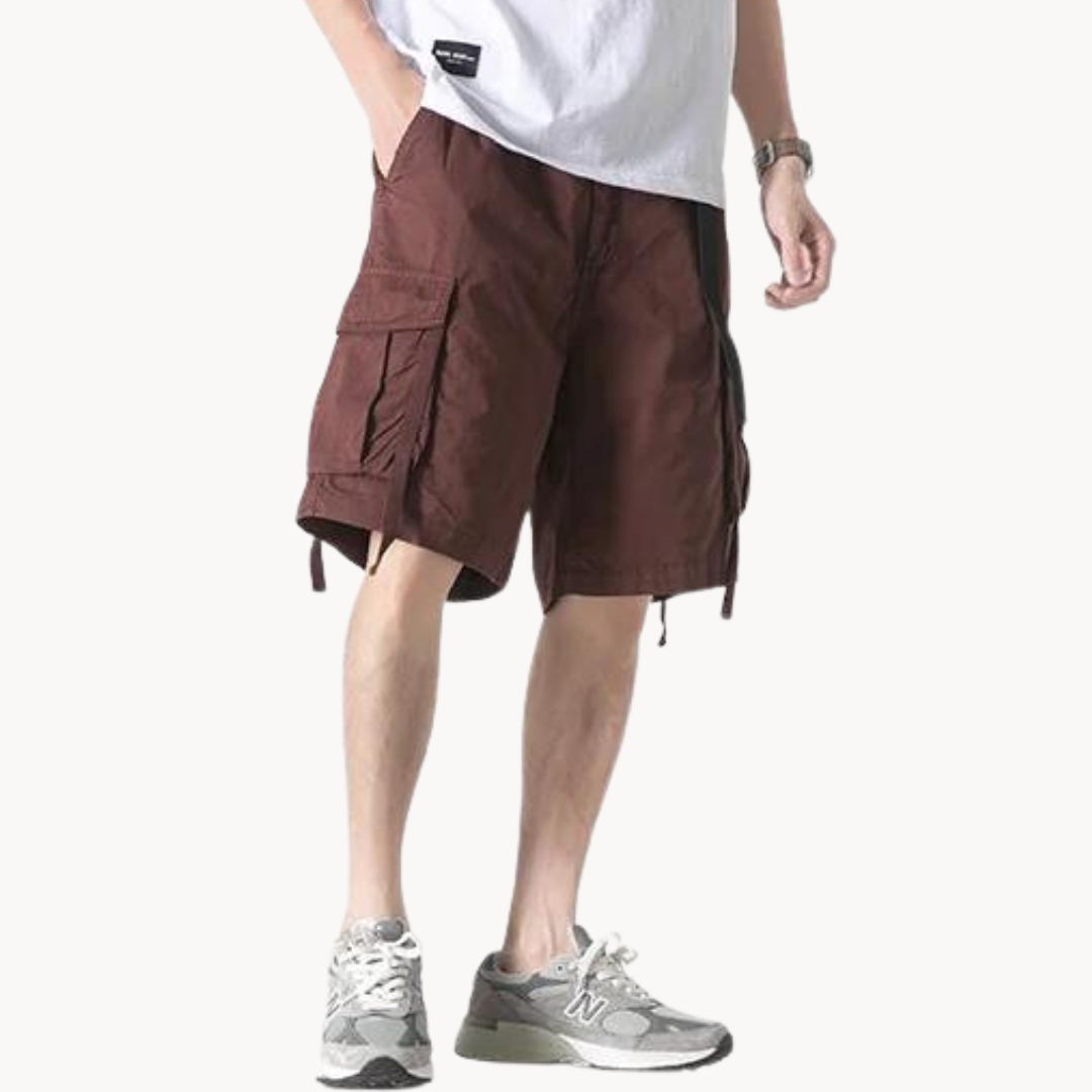 Dynamic Cargo Men's Plain Cargo Shorts with Flap Side Pockets Elastic Waistband and Woven Strap Detail