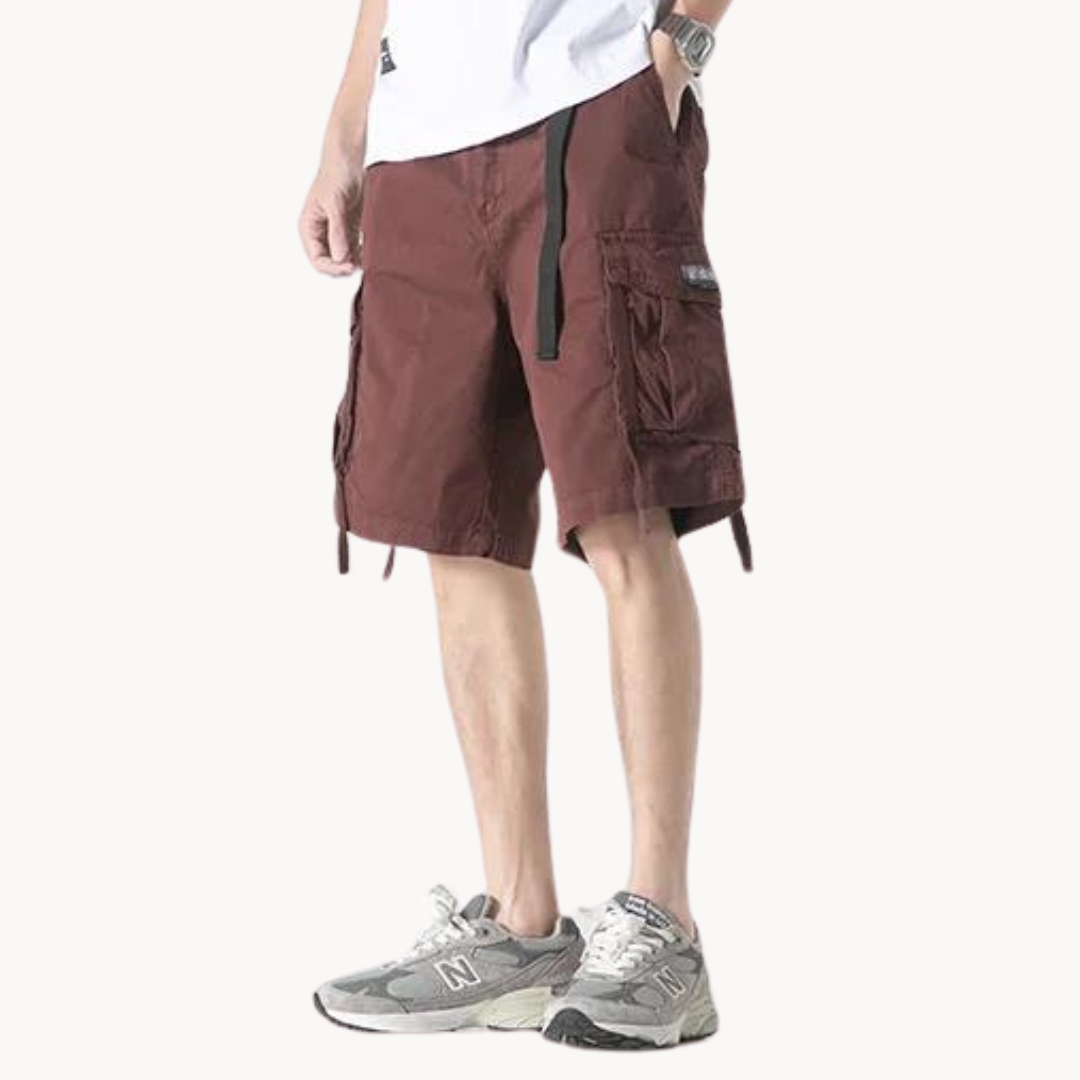 Dynamic Cargo Men's Plain Cargo Shorts with Flap Side Pockets Elastic Waistband and Woven Strap Detail