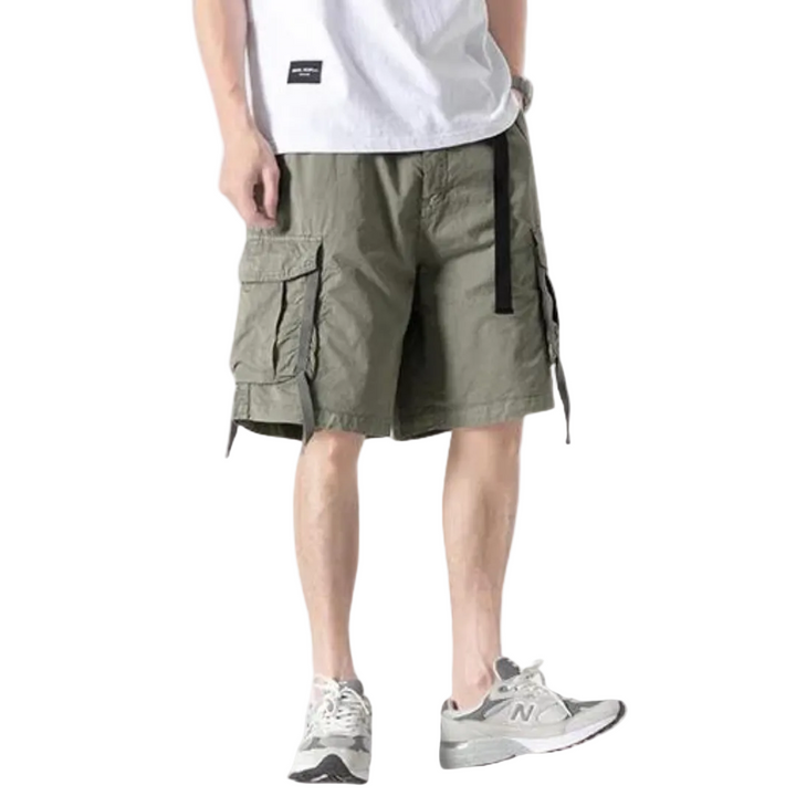 Dynamic Cargo Men's Plain Cargo Shorts with Flap Side Pockets Elastic Waistband and Woven Strap Detail