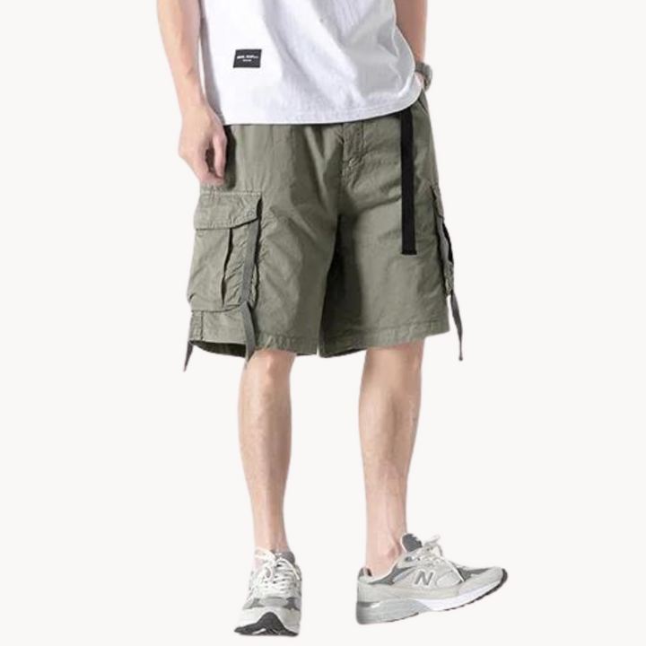 Dynamic Cargo Men's Plain Cargo Shorts with Flap Side Pockets Elastic Waistband and Woven Strap Detail