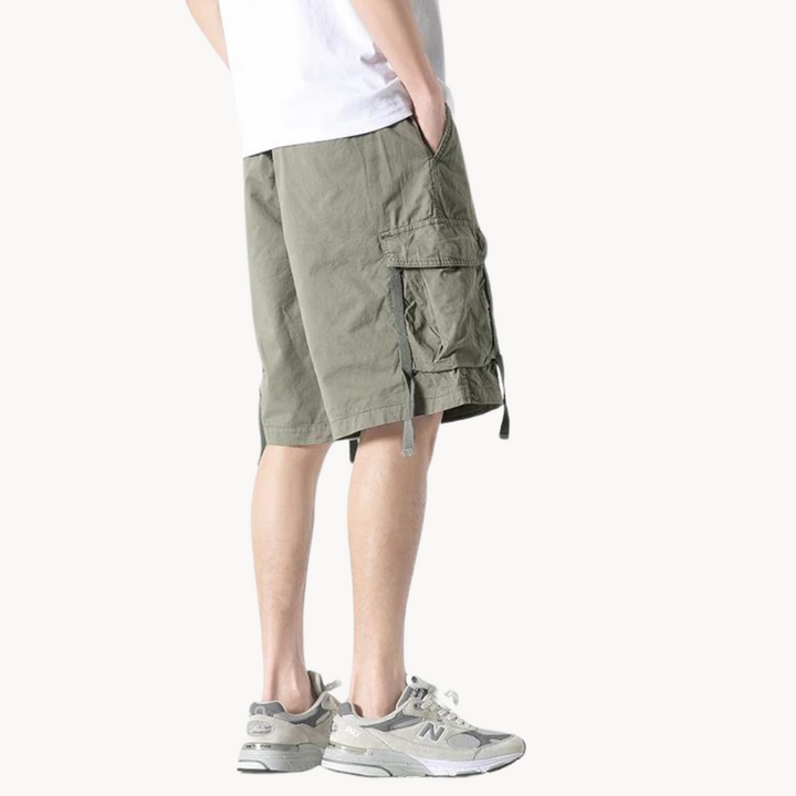 Dynamic Cargo Men's Plain Cargo Shorts with Flap Side Pockets Elastic Waistband and Woven Strap Detail