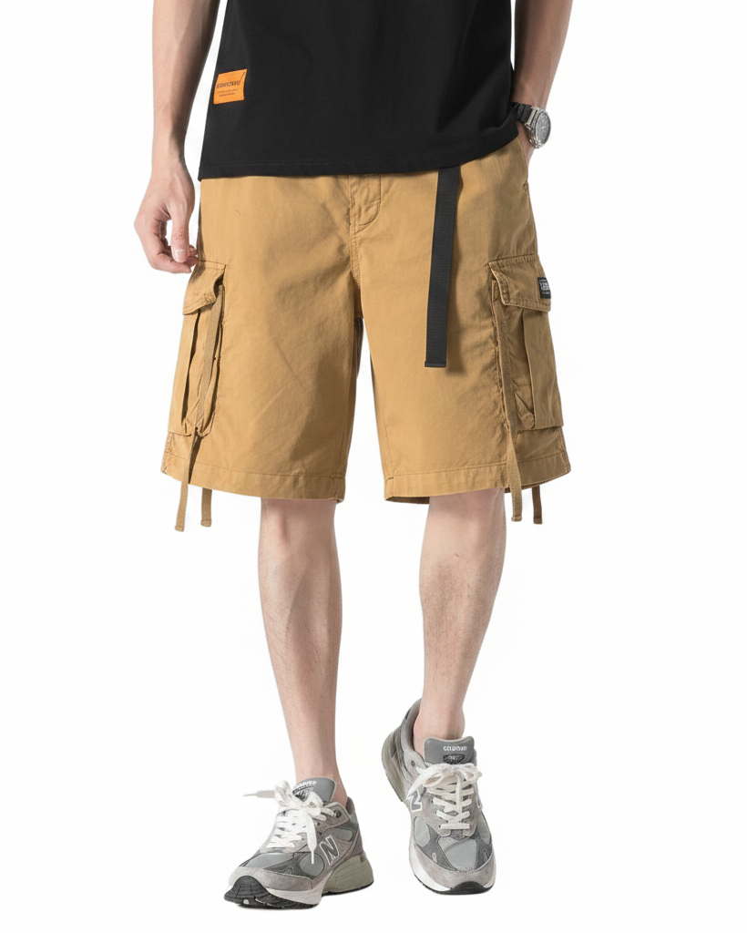 Dynamic Cargo Men's Plain Cargo Shorts with Flap Side Pockets Elastic Waistband and Woven Strap Detail