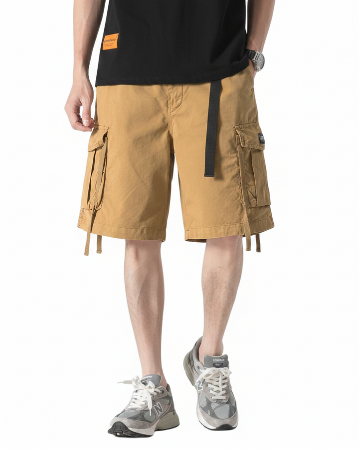 Dynamic Cargo Men's Plain Cargo Shorts with Flap Side Pockets Elastic Waistband and Woven Strap Detail