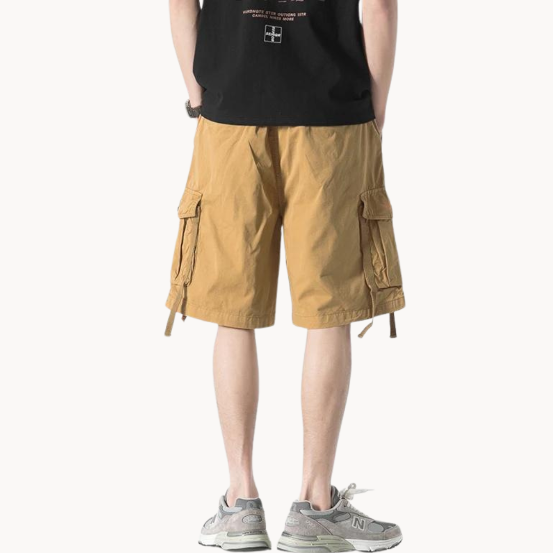 Dynamic Cargo Men's Plain Cargo Shorts with Flap Side Pockets Elastic Waistband and Woven Strap Detail