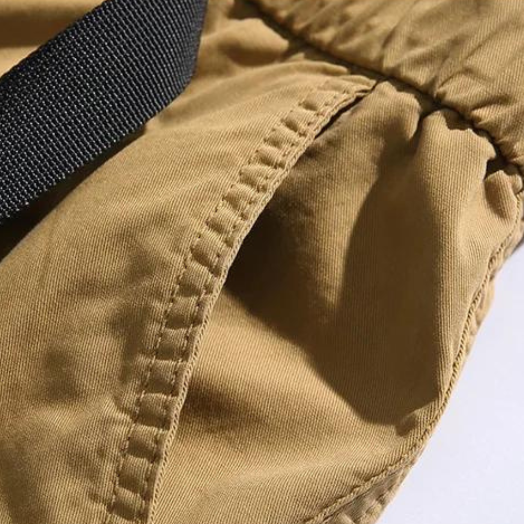 Dynamic Cargo Men's Plain Cargo Shorts with Flap Side Pockets Elastic Waistband and Woven Strap Detail